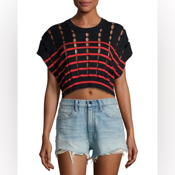 T BY ALEXANDER WANG Short-Sleeve Striped Slit Crewneck Pullover Sweater, Blue/Re - Picture 1 of 5